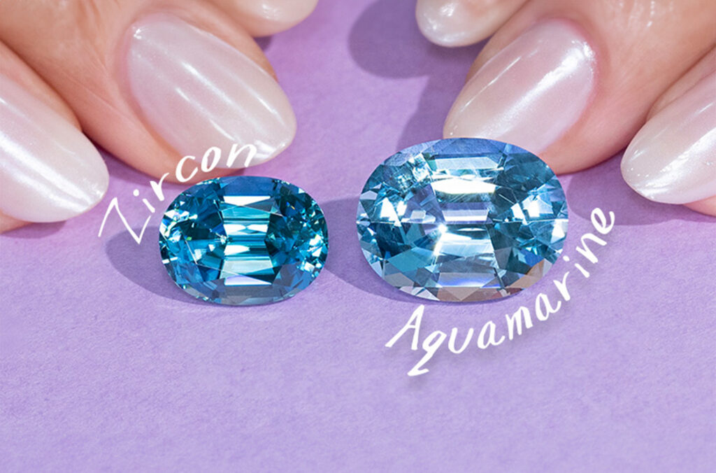 A 7.41 carat oval blue Zircon is next to a 7.41ct oval Aquamarine on a purple background. Even though they are the same carat weight, because of the differences in density, the Aquamarine appears much larger.