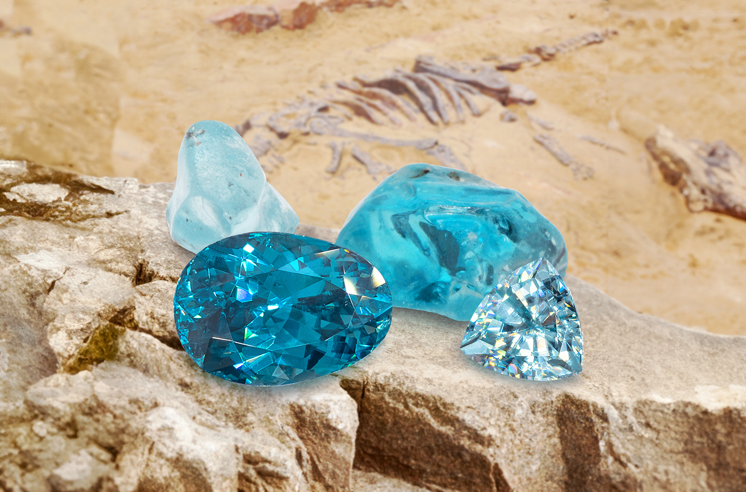 A stylised image of a variety of rough and faceted blue zircons.