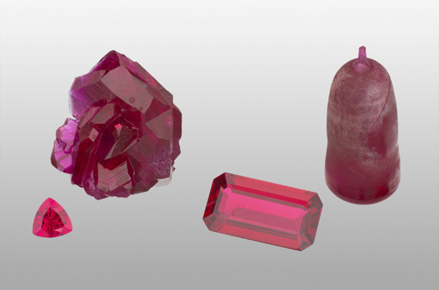 Synthetic ruby can be produced via flux growth processes (crystal and cut stone on left), and flame fusion (boule and cut stone on right). [Source: GIA.edu]