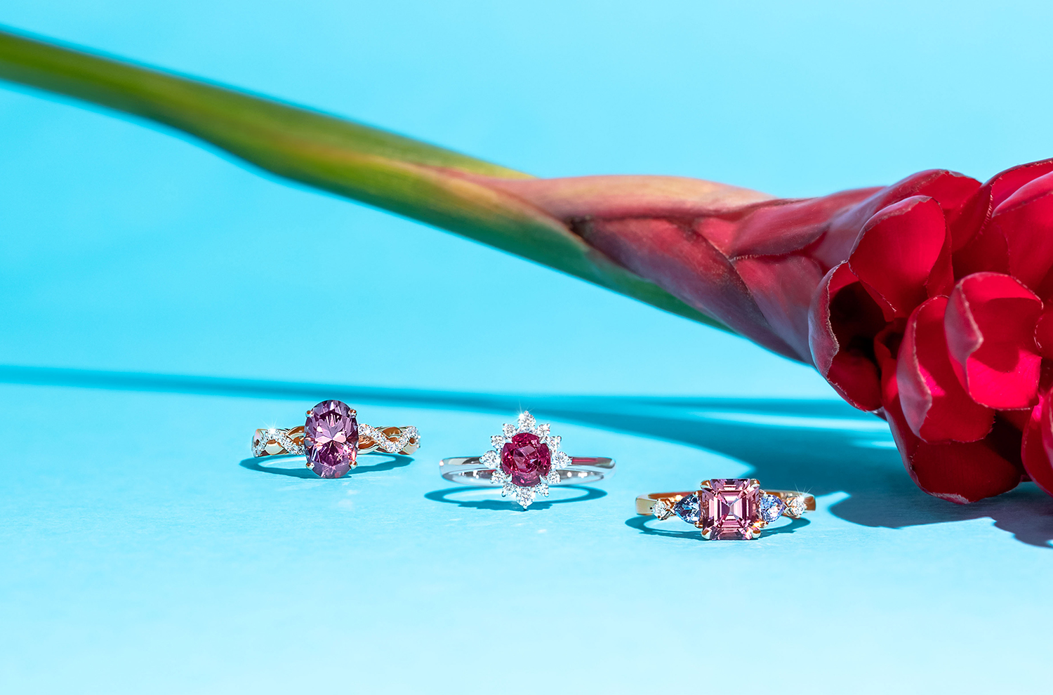 Three dainty gemstone rings of various designs and main gemstones such as Spinel and Tourmaline.