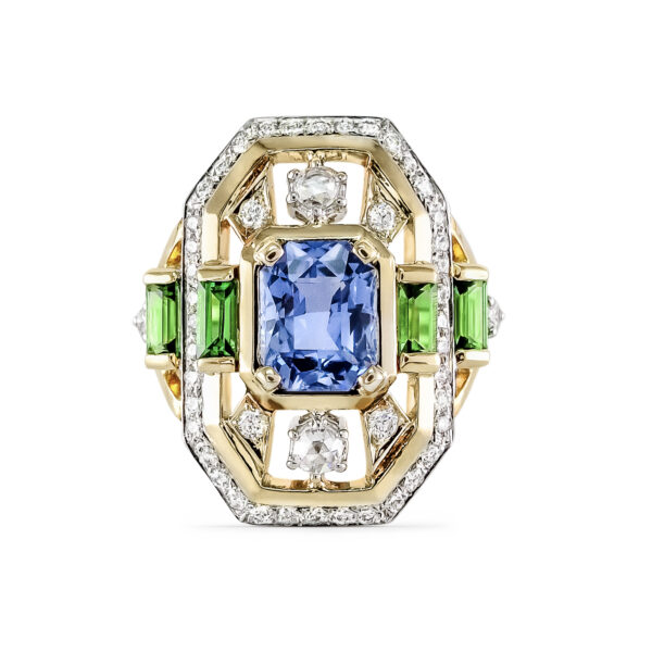 Art Deco Blue Sapphire and Tsavorite Cocktail Ring - Image 2