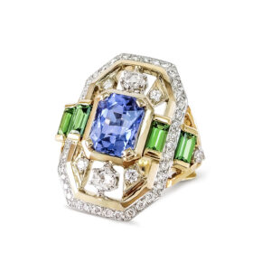 Art Deco Blue Sapphire and Tsavorite Cocktail Ring